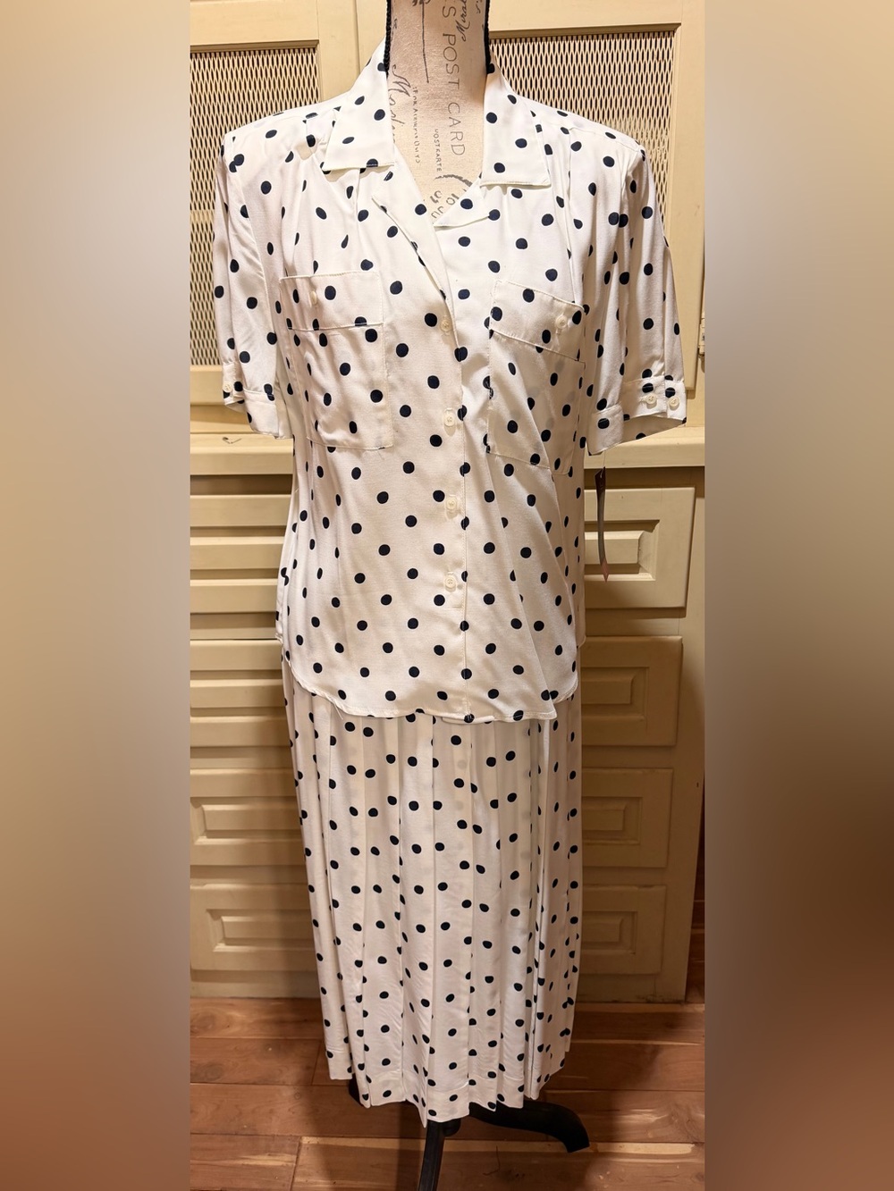VTG JH Collectibles NWT Navy White Polka Dot Pleated Skirt Set